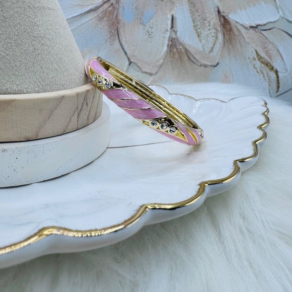 Pink Enamel Cloisonne Bracelet Bangle w/ Rhinestones - Picture 2 of 9